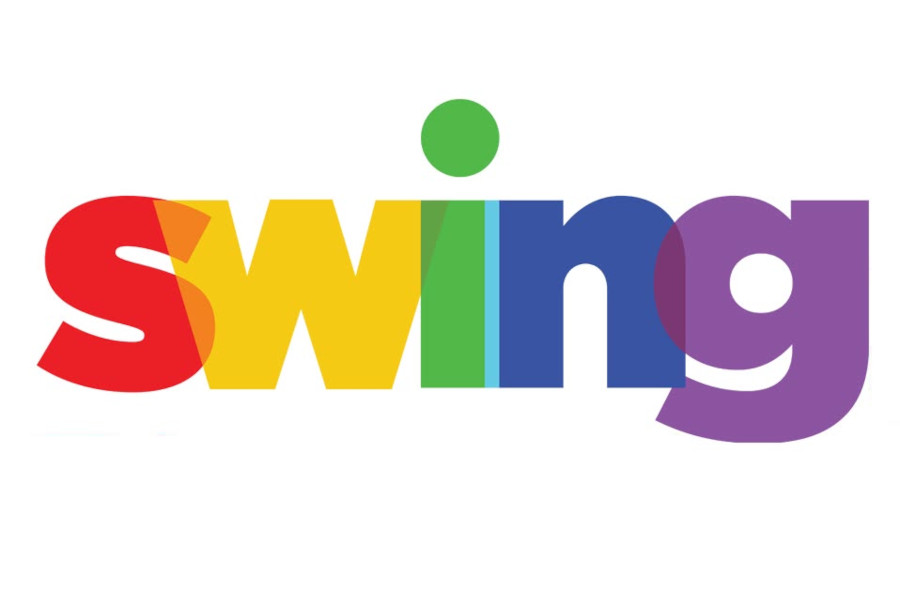Colorful SWING logo in rainbow shades on white background.