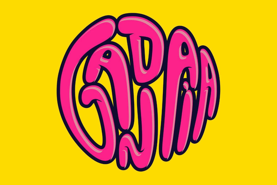 Bright pink Gandaia Bar & Club wordmark in curved retro-style lettering on a solid yellow background.