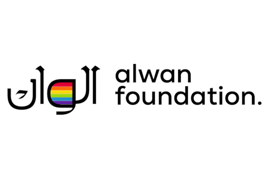 Logo of Alwan Foundation featuring Arabic and English text with a rainbow-colored element incorporated into the design on a light background.