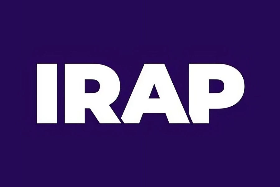 Logo of IRAP featuring large white letters on a dark purple background representing the International Refugee Assistance Project.