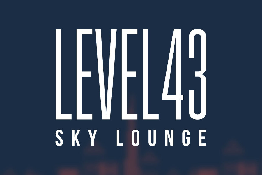 Logo of Level 43 Sky Lounge featuring tall white lettering on a dark blue background with subtle city lights below.