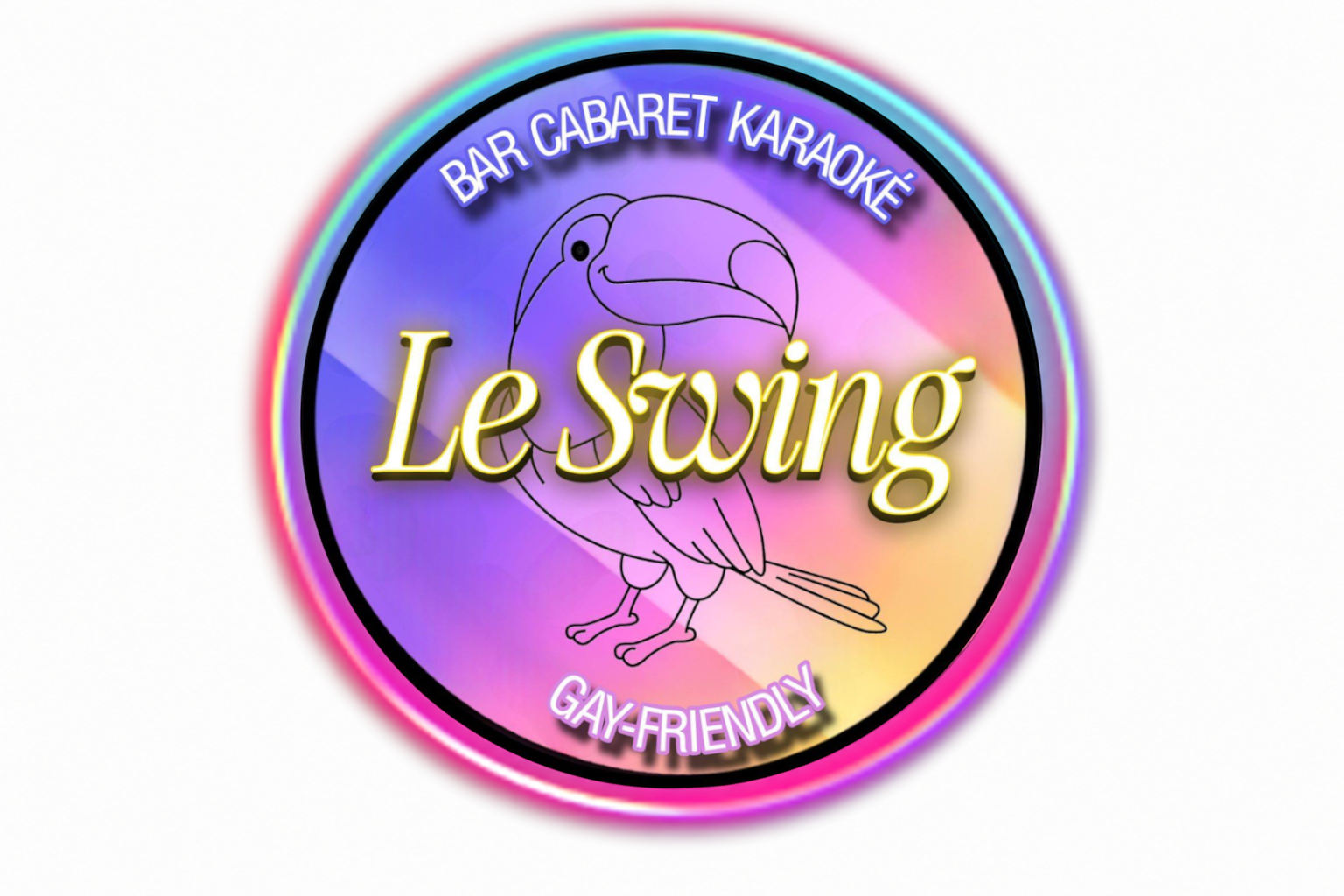 Circular Le Swing logo with rainbow gradient background, tropical bird illustration, and text promoting karaoke and LGBT-friendly events.