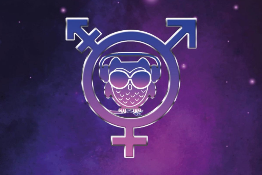Logo of Nachteule Night Owl bar with owl graphic and gender symbol on a purple space-themed background.