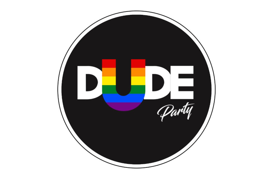 Logo for DUDE Party, featuring bold white letters and a rainbow “U” on a black background.