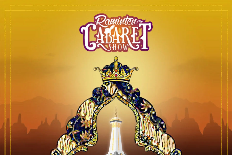 Raminten Cabaret Show poster with ornate Javanese design and Yogyakarta monument celebrating the city’s 269th anniversary.