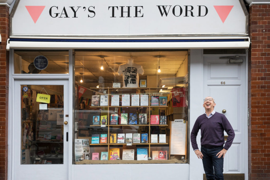Jim MacSweeney standing outside Gay’s The Word bookstore in London, where he works as bookseller and accounts manager since 1989.
