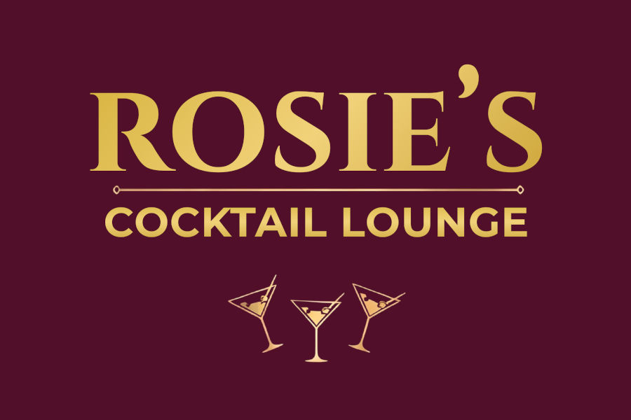 Logo of Rosie’s Cocktail Lounge showing elegant gold typography above three stylized cocktail glasses.
