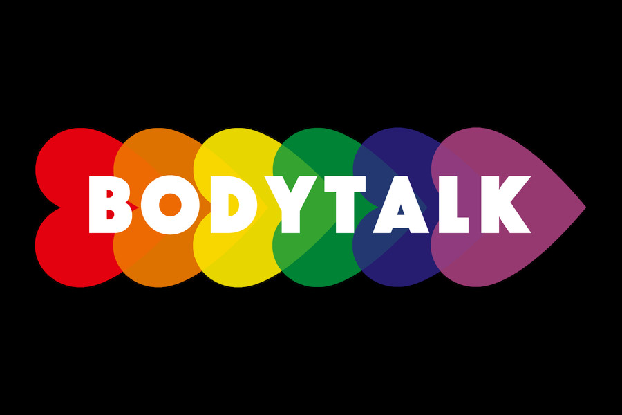 Logo of BodyTalk bar in Utrecht showing the word “BODYTALK” in bold white over six overlapping hearts in rainbow colors.