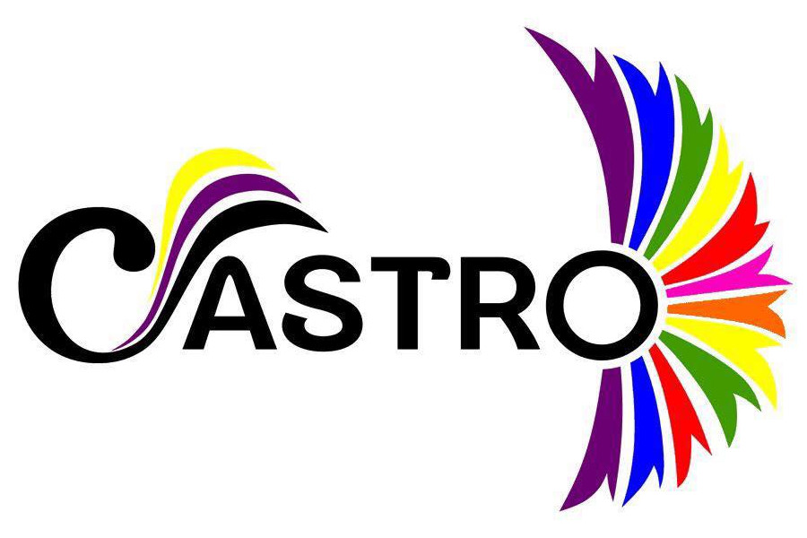 Black “Castro” text with left-side wave in non-binary flag colors and rainbow-colored semicircle on the right.