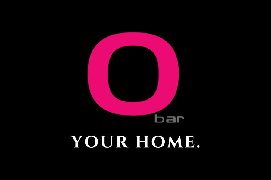 Logo of O Bar featuring a large pink letter O above the words “YOUR HOME.” on a black background.