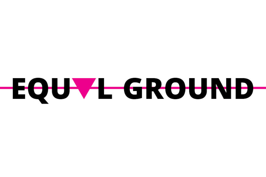 Logo of Equal Ground featuring bold black lettering crossed by a pink horizontal line and a pink inverted triangle.