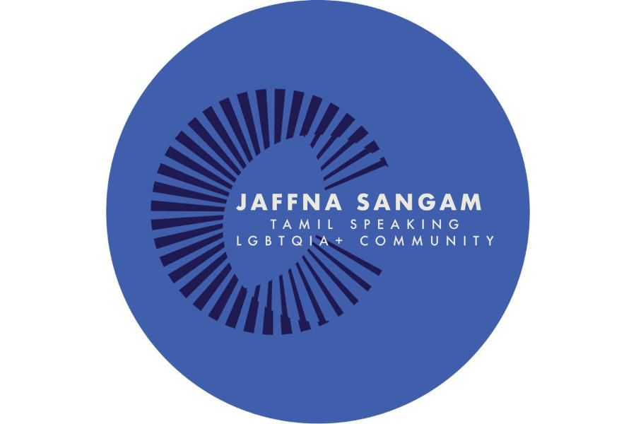 Logo of Jaffna Sangam featuring a blue circular design with radial elements and text for the Tamil-speaking LGBTQIA+ community.