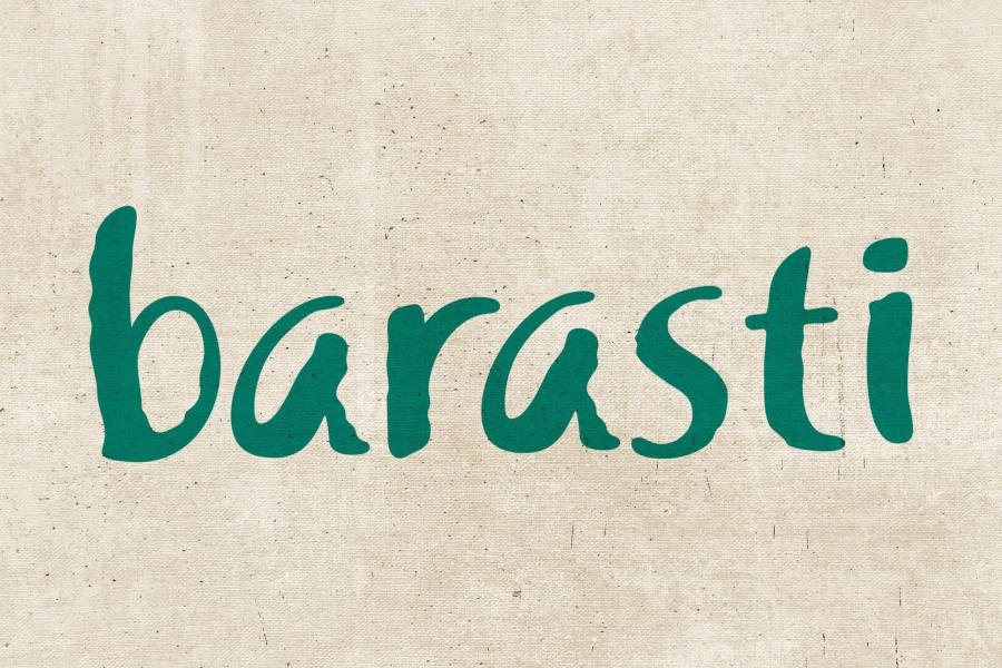 Logo of Barasti Beach Bar featuring turquoise handwritten-style lettering on a light textured beige background.