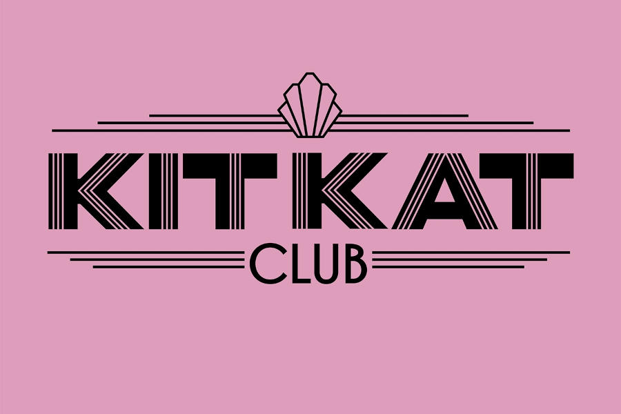 Kit Kat Club logo in black art deco typography on a pink background for the Chicago drag dining venue.