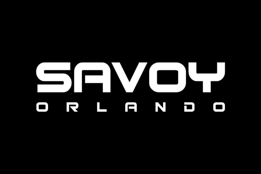 Logo of Savoy Orlando in bold white futuristic lettering displayed on a minimalist black background.